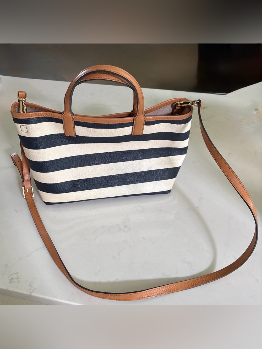 Tory Burch Navy and Cream Striped Tote with Tan Leather Accents - Picture 9 of 16